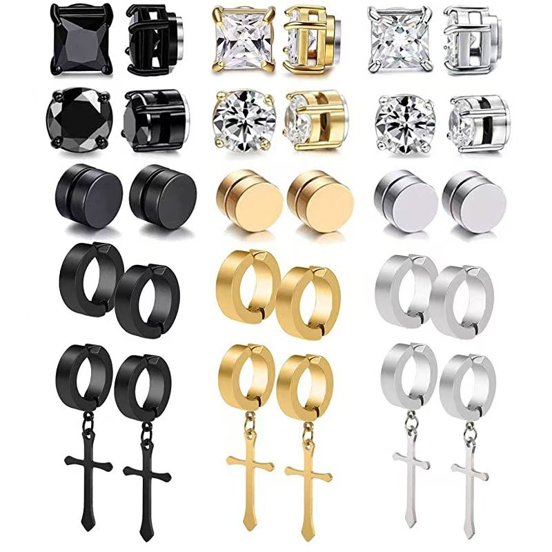 Amazon's Hottest Style Without Pierced Ear Clips for Men Stainless Steel Set Magnetic Ear Buckle Cross Zircon Earring Set