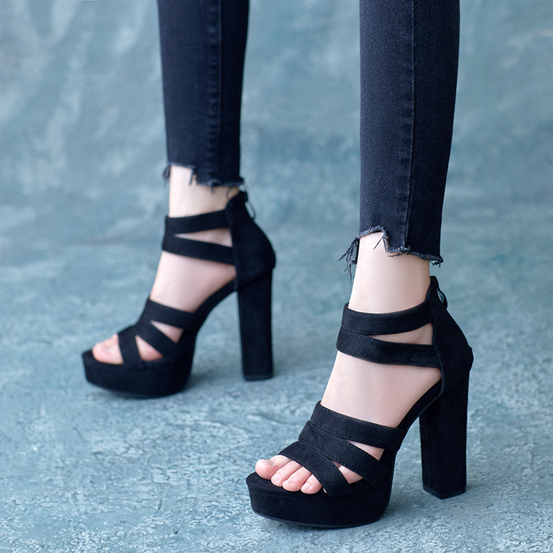 Nouvelles sandales à talons épais de 12 cm, chaussures romaines imperméables à talons super hauts pour femmes_voghion.com