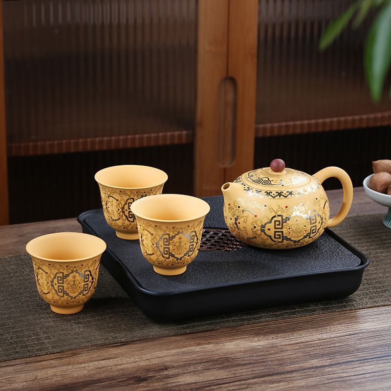 女士宜兴手工紫砂功夫茶具套装一壶三杯家用粉色可断水茶壶西施壶|undefined