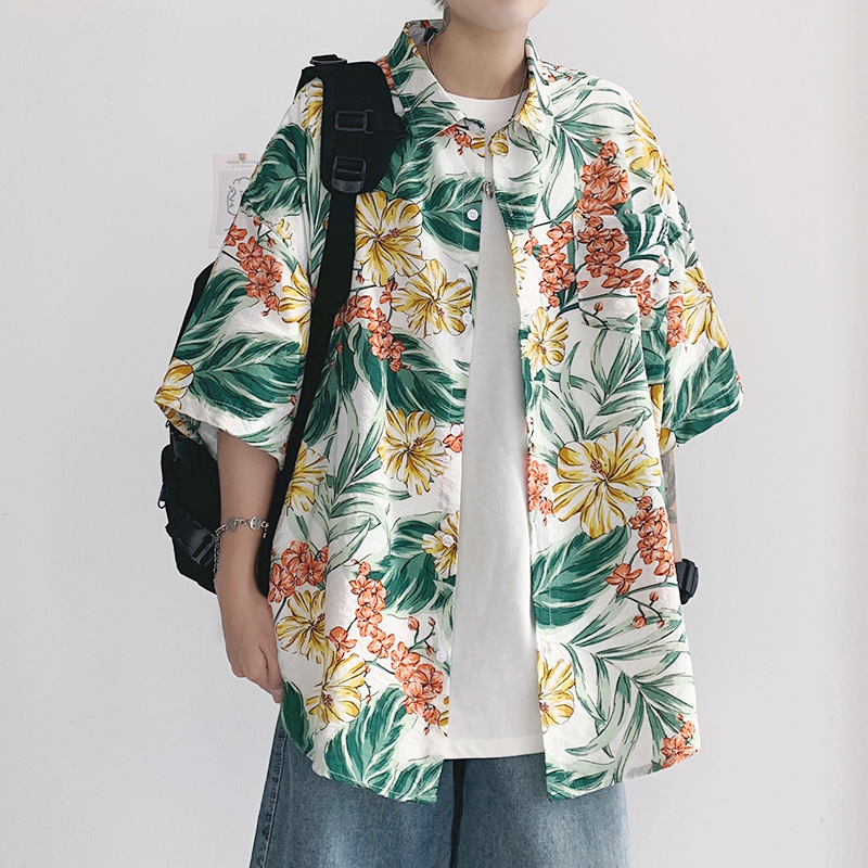Camisa de manga corta para hombre de estilo de mar de verano Nuevo estilo de Hong Kong más el tamaño de la playa de los hombres de la pareja casual de manga corta impresa camisa de los hombres