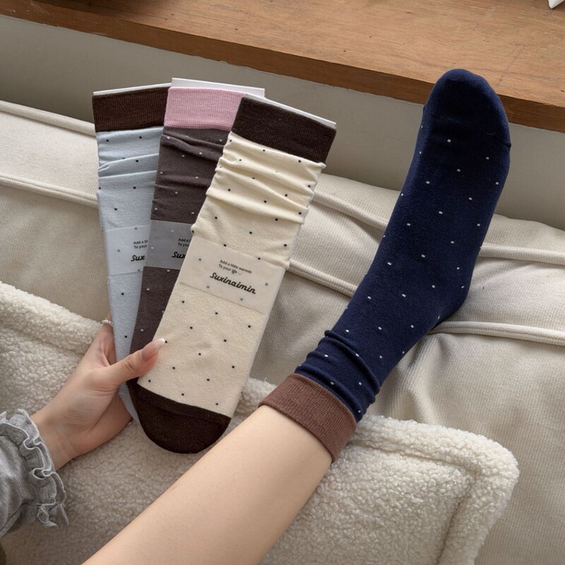 Color-blocked polka dot socks for women, autumn Korean-style retro mid-calf socks, breathable, sweat-absorbent, seamless, versatile, Japanese-style women's socks