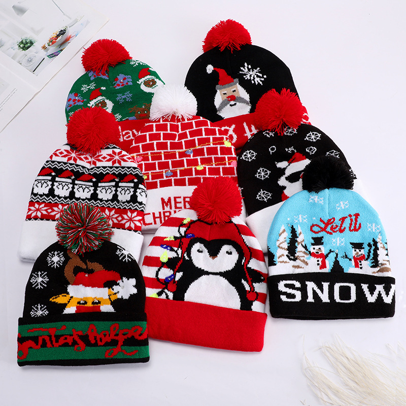 跨境节日LED圣诞帽秋冬发光帽保暖针织帽成人带毛球派对毛线帽子