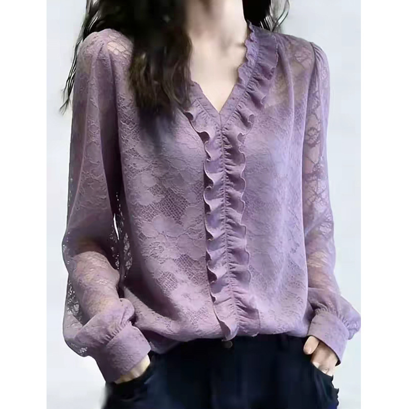 European-Style Gao Purple Lace Plus-Size Top for Women, 2026 Summer New Niche Exquisite and Elegant Long-Sleeve Fashion European-Style Gao Purple Lace Plus-Size Top for Women, 2026 Summer New Niche Exquisite and Elegant Long-Sleeve Fashion