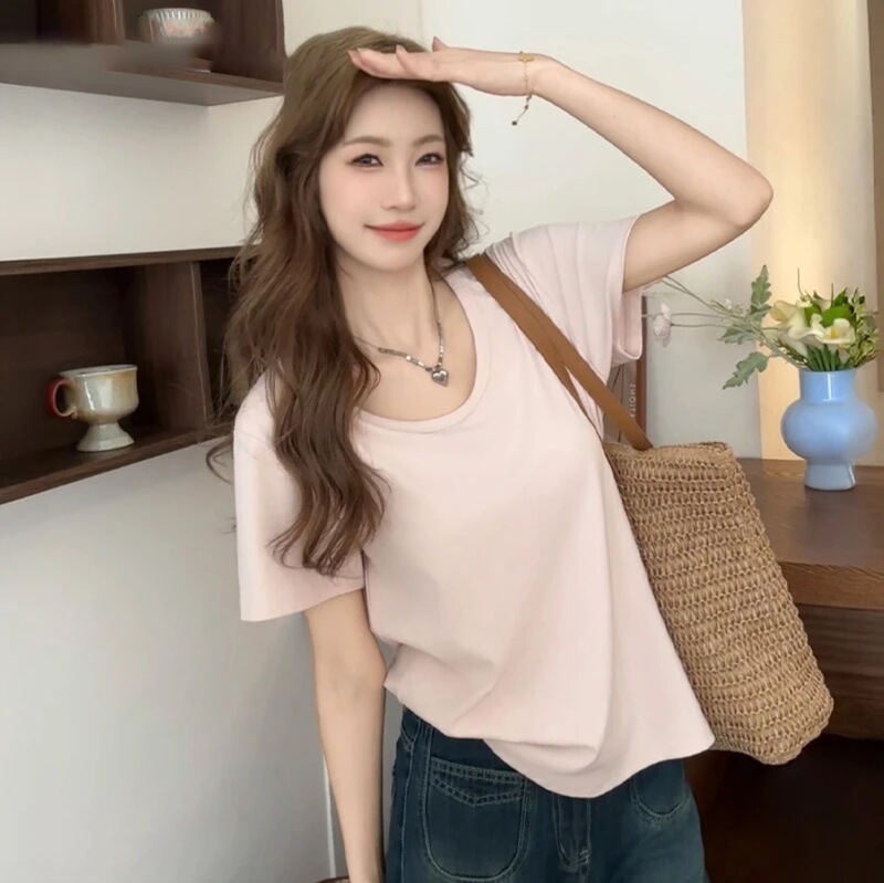 Summer New Style 92 Pure Cotton T-Shirt for Women Dopamine Pink Loose U-Neck Casual Versatile Solid Color Top T-Shirt Short Sleeves Summer New Style 92 Pure Cotton T-Shirt for Women Dopamine Pink Loose U-Neck Casual Versatile Solid Color Top T-Shirt Short Sleeves
