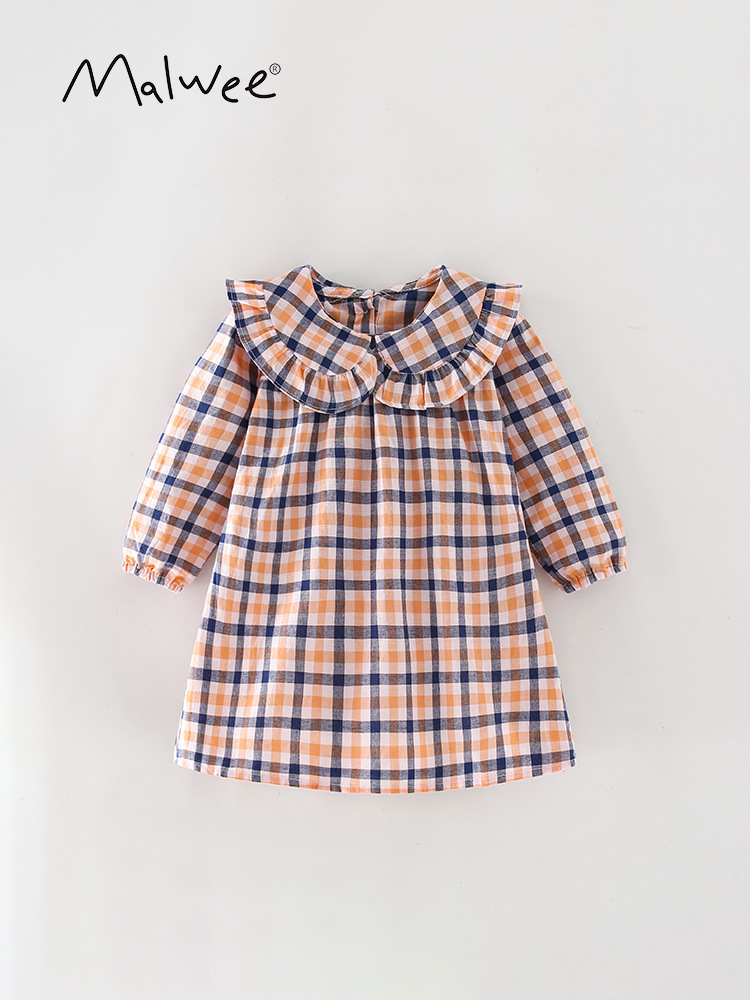 En stock malwee niñas vestido de otoño nuevo estilo europeo y americano Plaid casual manga larga princesa vestido
