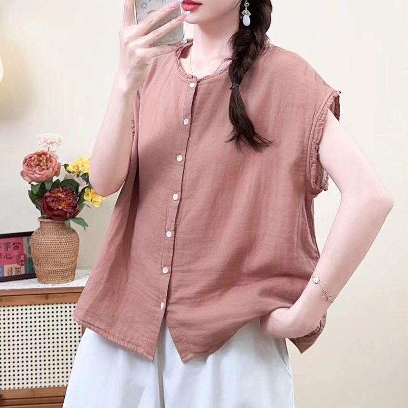 Loose Casual Plus Size Women's Collar Double Layer Cotton Gauze Sleeveless Versatile Shirt Single Breasted Shirt Women's Clothing