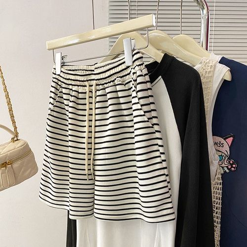 Summer shorts, sporty loose high-waisted slimming thin striped casual wide-leg versatile straight hair