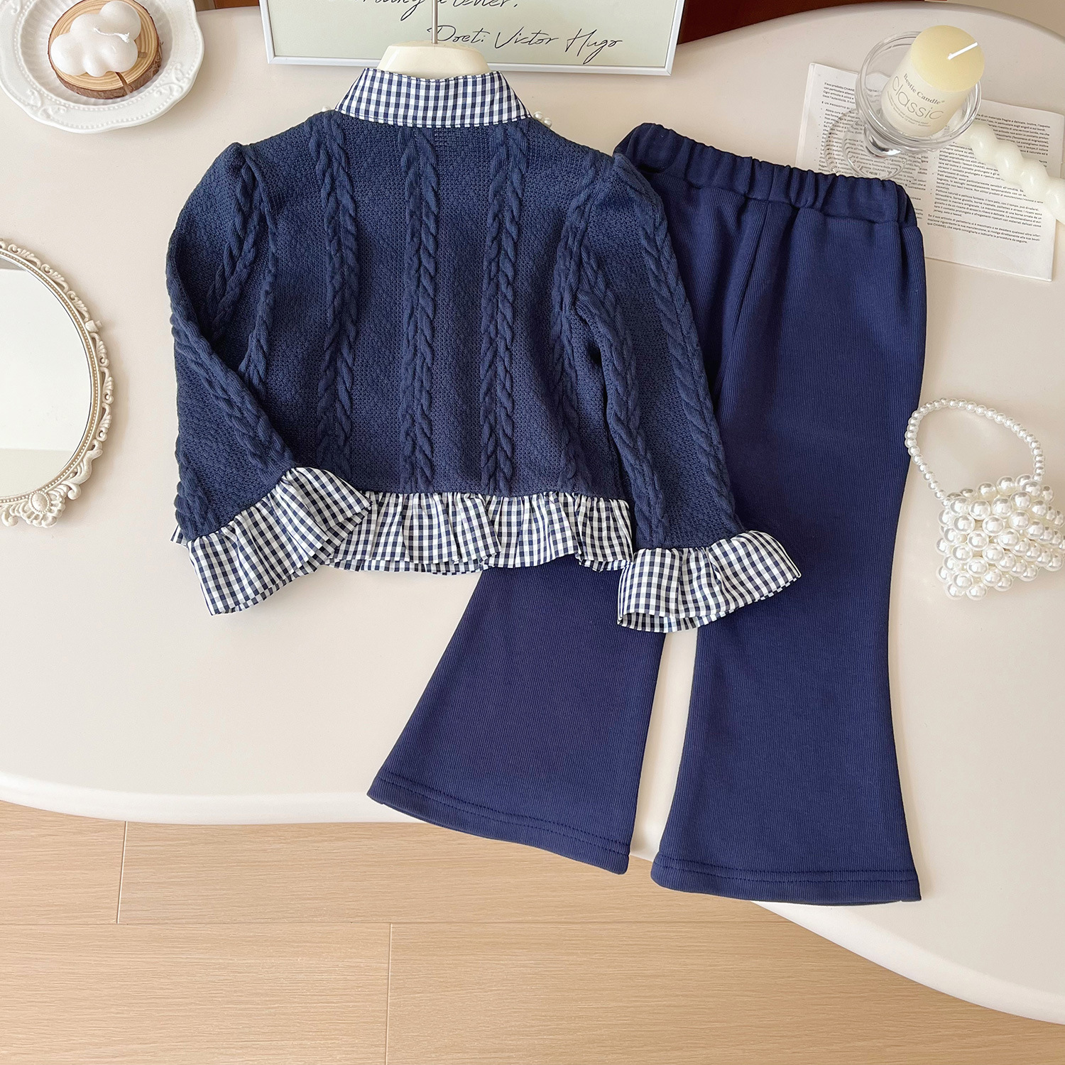 2024 automne nouvelle version coréenne filles pull pantalon deux pièces femmes col chemise à manches longues ensemble 67310_voghion.com