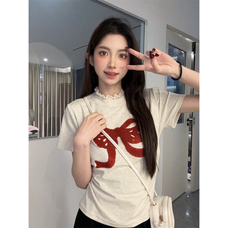 Cute velvet lace Japanese short summer short sleeve T-shirt with bow
