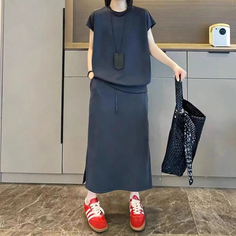 外贸大码时尚气宽松显瘦洋气质欧系纯色休闲套装半身裙短袖两件套|undefined