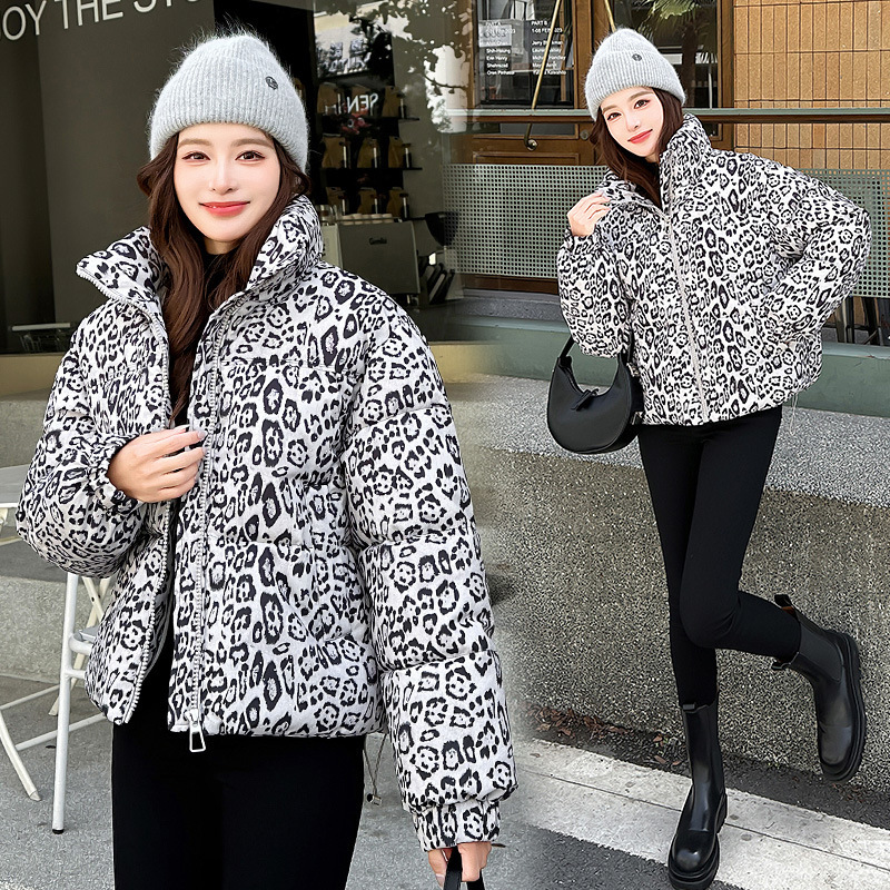 면복 여자 짧은 호피 무늬 외투 여자 겨울 신상 칼라 긴 소매 상의 보온 두