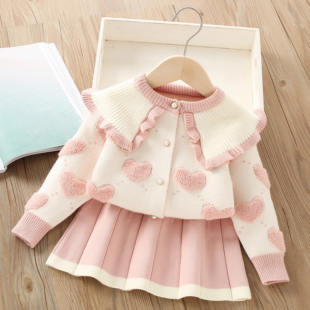 480g Weight Kids Clothing Sets Children's Clothing Type Long Sleeve Sleeve Length Polyacrylonitrile Fiber Fabric Type Skirt Sets Sets Type 2 Pieces Set Quantity Holiday, Daily, Selfie Occasion Round Neck Neckline Regular Fit Fit Type Heart Shape Pattern Winter, Spring, Autumn Season Girl'S Gender Casual, Elegant, Cute Style Casual Elegant Cute Heart Shape Polyacrylonitrile Fiber Girls Clothing Sets 1