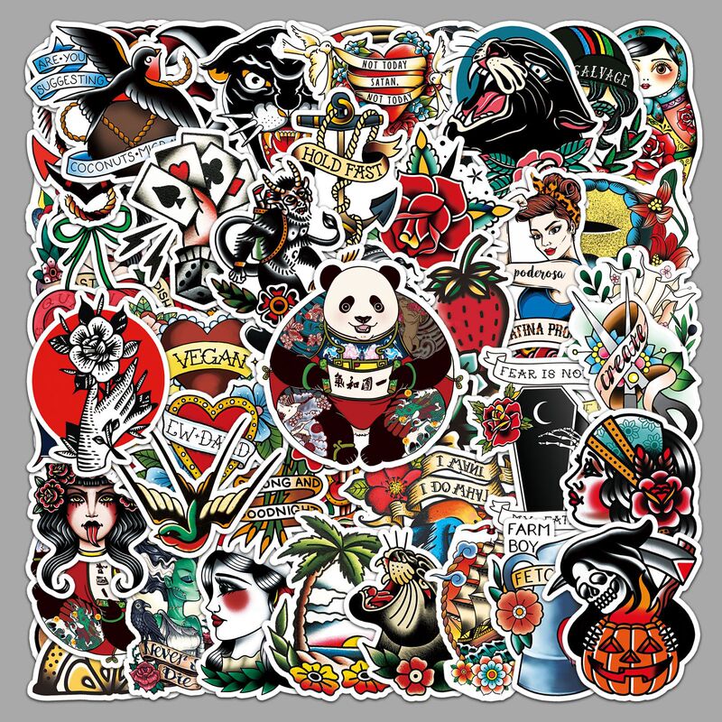 50 colorful tattoo graffiti personalized cross-border retro old school style DIY skateboard water cup stickers