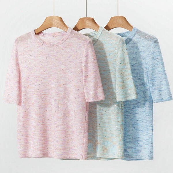 Herbalife Sequined Colorful Yarn Cotton Linen Top Women's High-End Short-Sleeved Knitwear Women's New Style T-Shirt