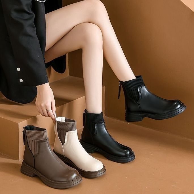 Trendy British-style thick-soled sock boots with zipper, Martin boots, 2025 autumn/winter new Chelsea ankle boots, fashionable women's shoes