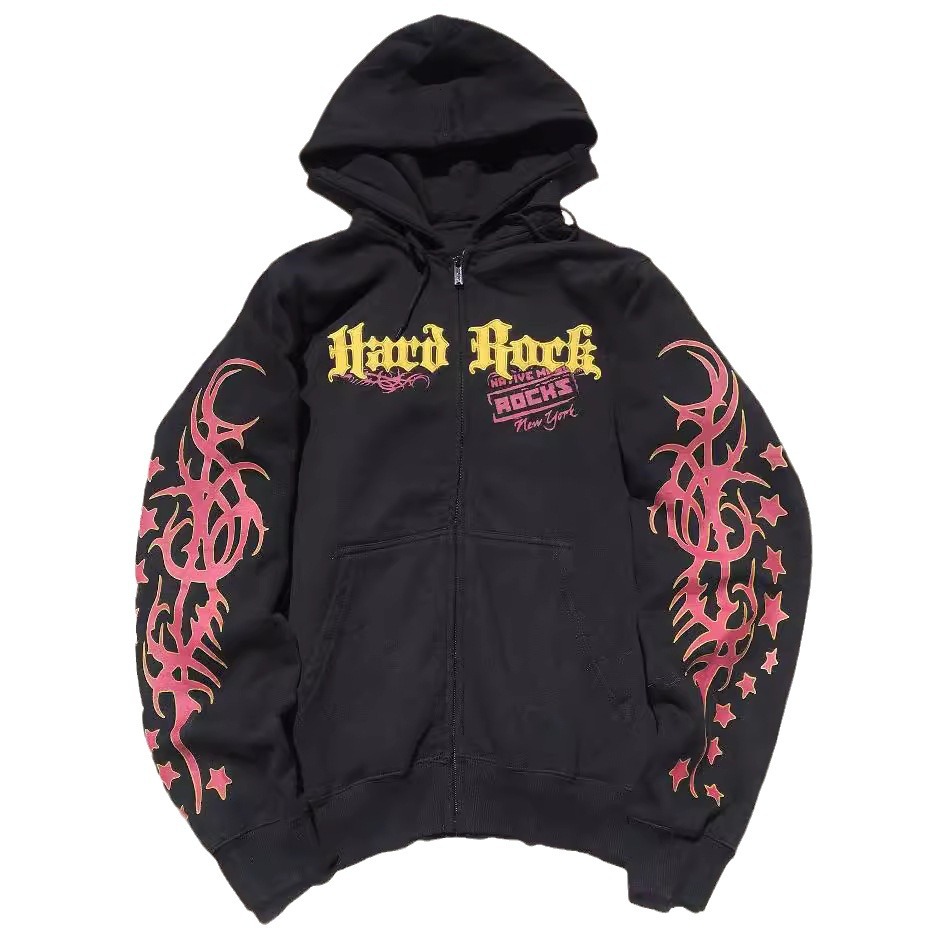 Men's Clothing autumn and winter sweatshirt street retro print embroidery loose plus velvet hooded_voghion.com