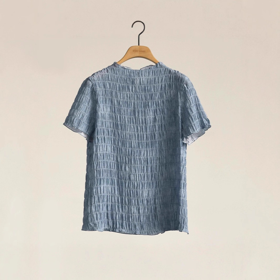 Stretch Silk Shell Crepe Stereo Texture Denim Printed Short-Sleeved T-Shirt