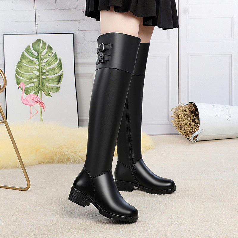 真皮过膝长筒靴女士长靴冬季加绒保暖大码女靴子粗跟厚底羊毛马靴