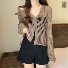 针织开衫女V领春夏季新款设计感小众纯欲风别致镂空宽松长袖上衣1