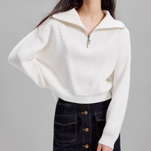 跨境短款针织女衫2025秋冬新款纯色麻花长袖立领拉链套毛衣外套