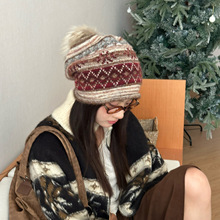 日系氛围感费尔岛复古提花针织帽卷边显脸小堆堆帽毛球包头冷帽潮