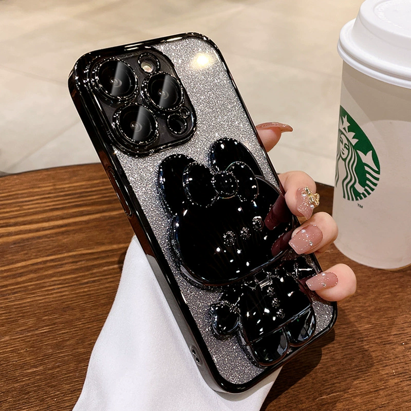 Чехол для телефона (Apple) iPhone 16/15 серии — силиконовый с зеркалом в виде кролика, градиентный цвет и встроенная подставка