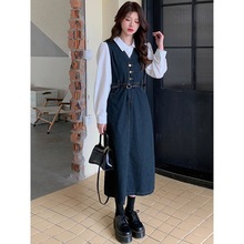 早春季2025新款女装小个子穿搭一整套衬衫牛仔背带连衣裙两件套装