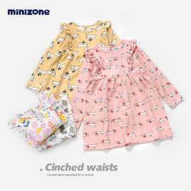 minizone儿童春秋长袖上衣圆领卡通纯棉T恤男女童连帽上衣打底衫