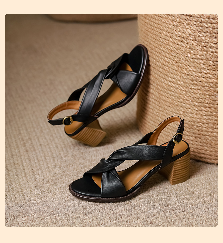 Sandal cao gót nữ da thật hở mũi quai ngang gót dày retro — Màu nâu chi tiết 15