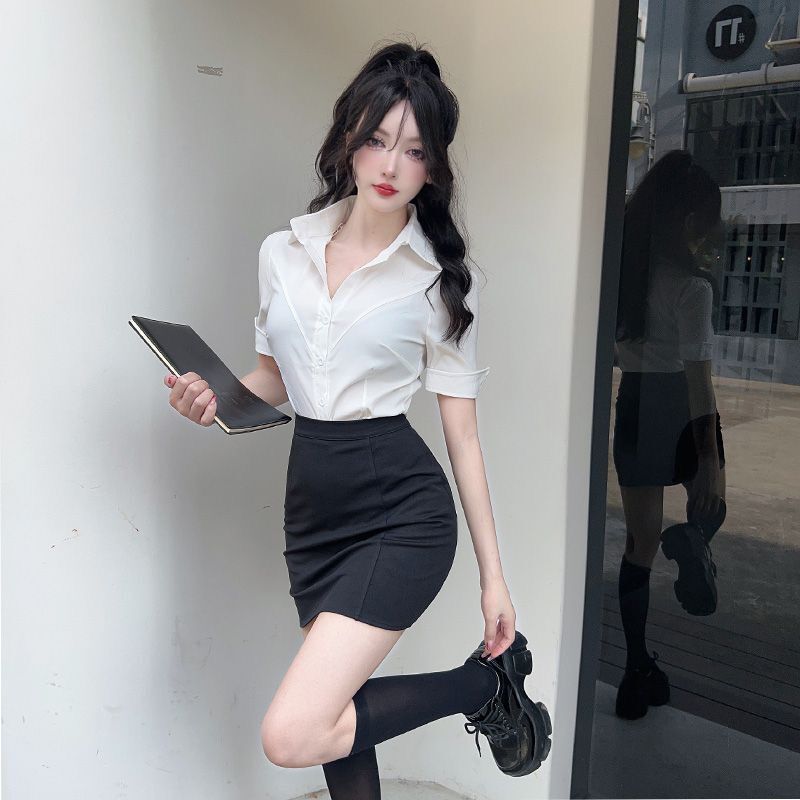 Spring and Summer Young Sweet and Hot Jk Uniform Shirt Pure Desire Style Slim-fit Slimming Waist Long Short-sleeved Figure Shirt for Women