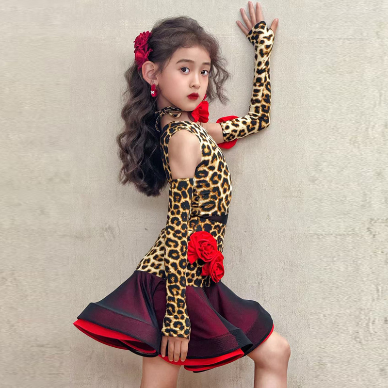 FAZ 新しい子供用ラテンダンス服ヒョウ柄メッシュ練習服女の子ハイエンドトレーニングパフォーマンス練習服|undefined