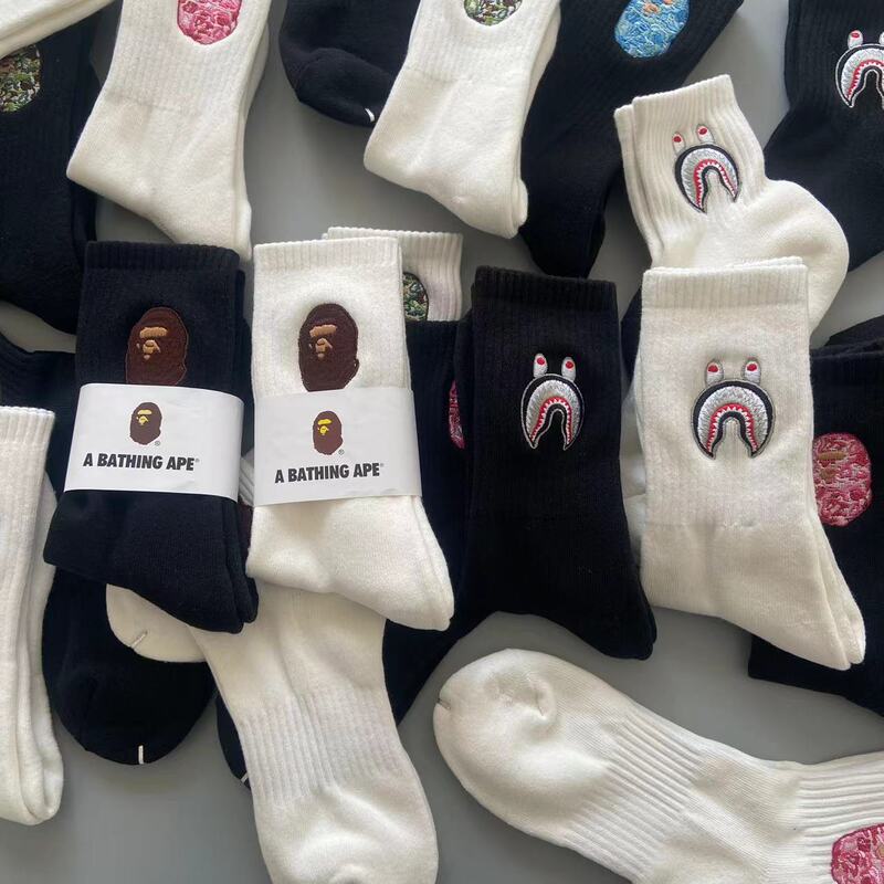 Japanese Ape Head Large Logo Embroidery Street Skateboard Unisex Solid Color Thick Terry Sports Mid-High Tube Trendy Socks