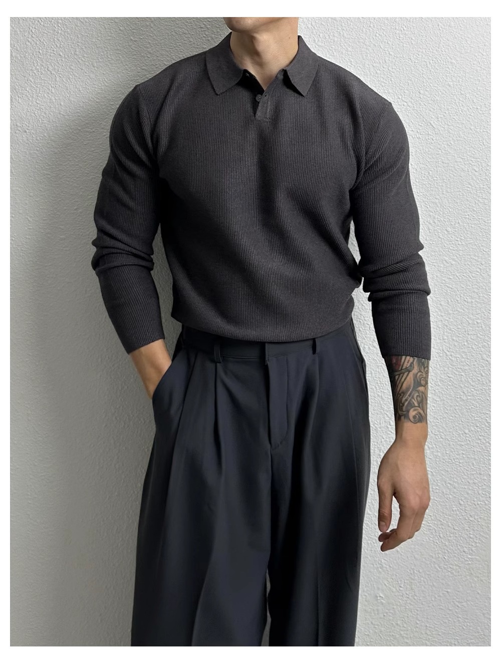 Oversized Polo Knit Sweater For Men – Business Casual Long Sleeve Pullover, Plus Size European Fit (Black/Beige/Gray)_viptrois.com