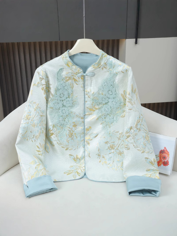【花の韻】新中国式国風長袖ショートコート女性重工釘珠復古上着ファッション気質春服|undefined