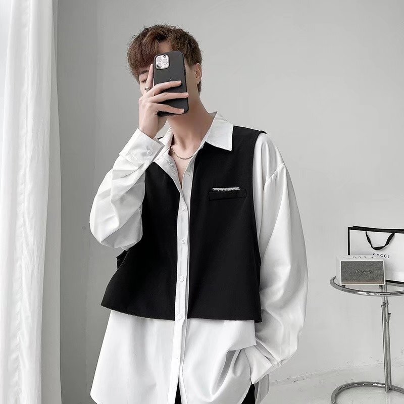Spring and Autumn New Vest Shirt Men's Long Sleeve Two-Piece Set Fake Two-Piece Niche Design Drape Hairstylist Shirt Trendy