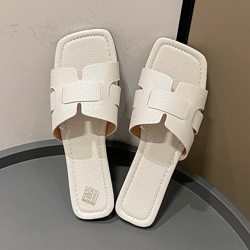 Cross-Border Foreign Trade Women's 2023 Summer Square-Toe Flat Sandals for Women, Lazy Large-Size Beach Shoes Wholesale, Candy Color