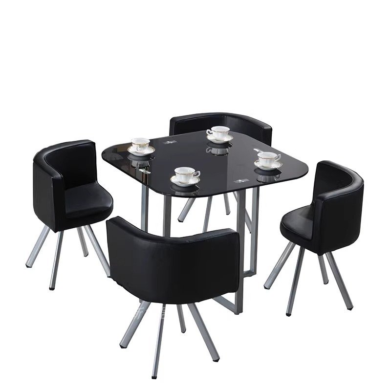 Mesa y sillas de comedor modernas, mesa redonda pequeña de vidrio templado, mesa y sillas para recepción y negociación, una mesa y cuatro sillas, cocina de inducción.