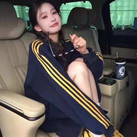 美式潮牌立领三条杠织带外套运动风拉链开衫卫衣男女宽松秋季新款