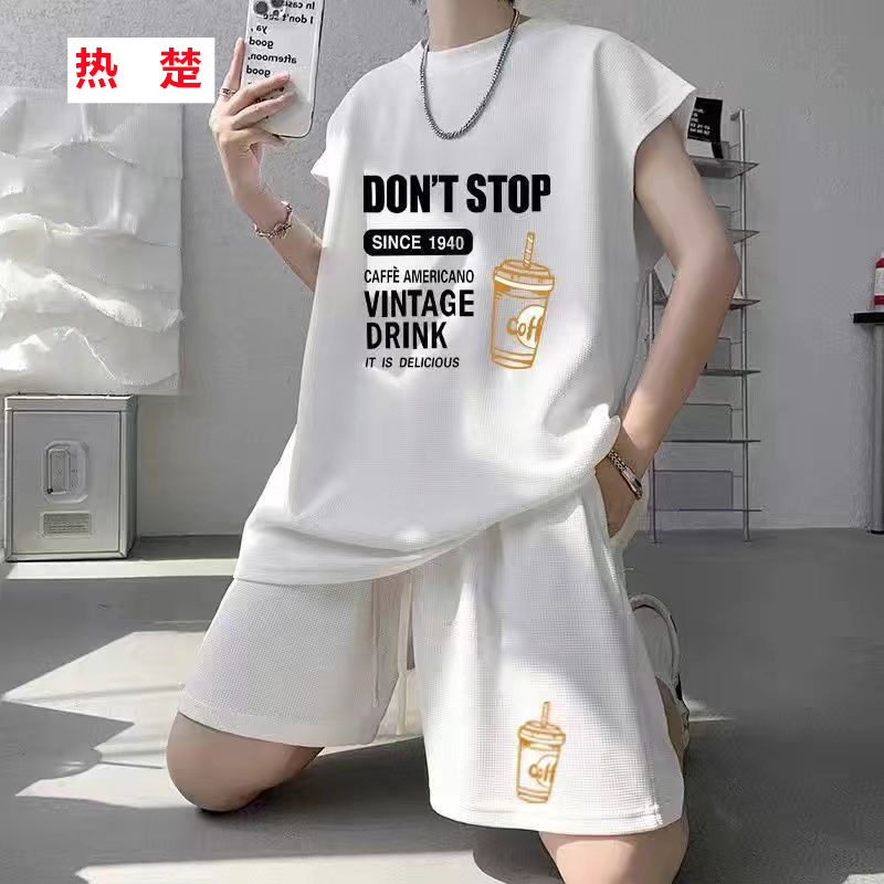 Sports Suit Men's Summer Casual Trendy Brand Waffles Sleeveless Vest Shorts Loose Large Size Teenagers 12