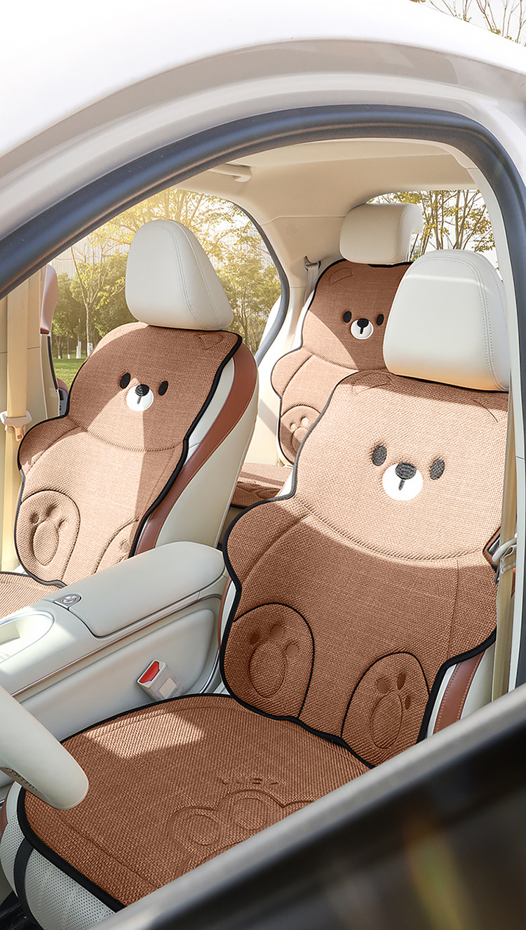 Car Seat Cushion for All Seasons, Cartoon Design, Breathable Cotton and Linen for Summer, Ventilated for Autumn and Winter, Half-Cover, Cute Bear Seat Cover for Women