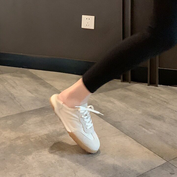 Giày sneaker nữ da thật phối lưới kiểu ballet, đế cao su chống trượt, dây buộc — Màu hồng, Màu mơ, Màu vàng