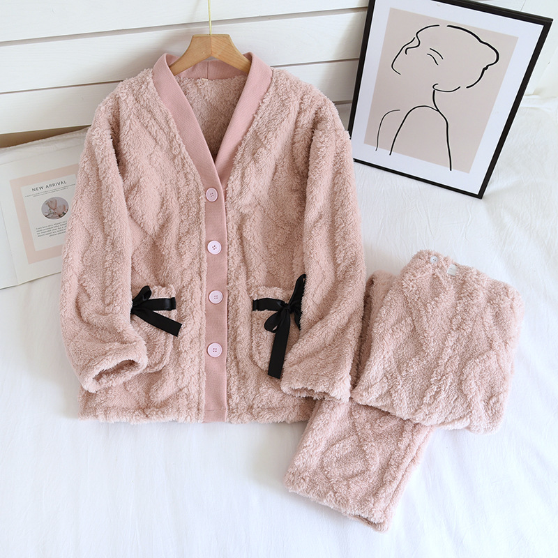 ZFQ女ピンクジャカード-フランネルVネック月子服