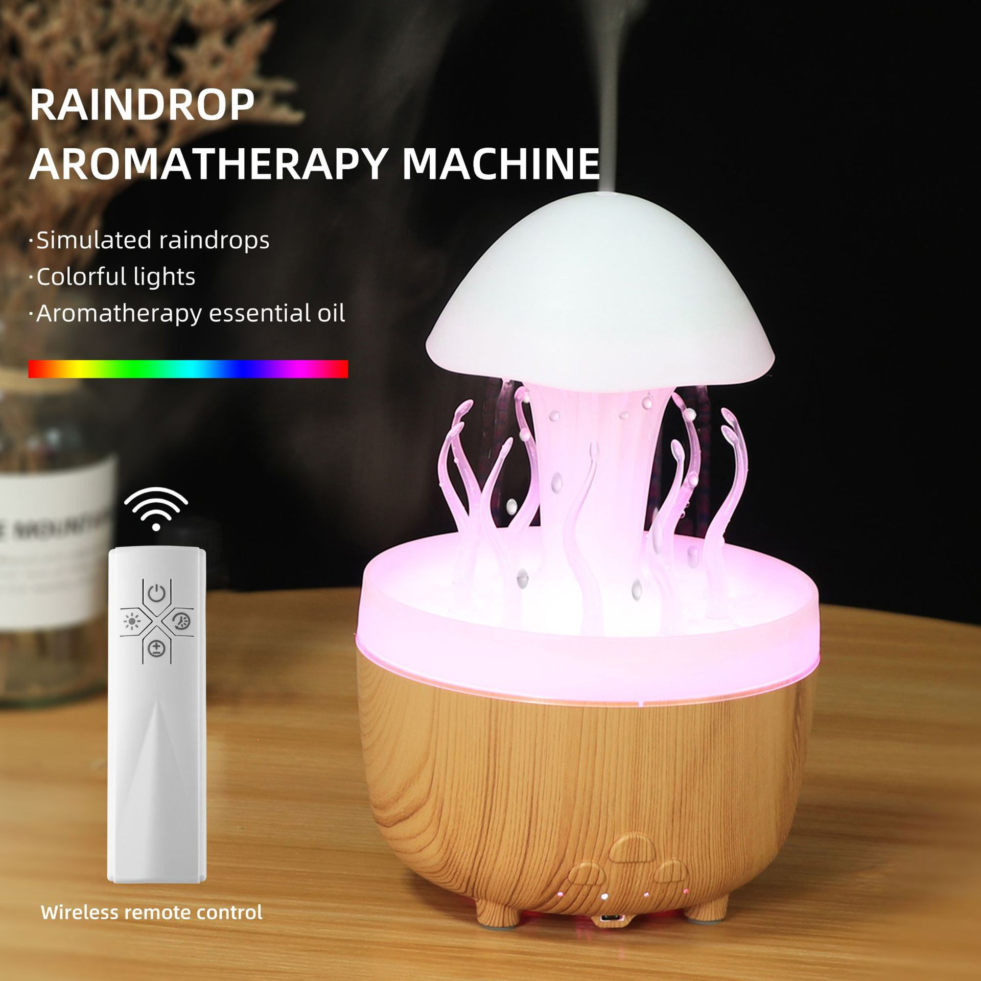 Nuevo control remoto medusa lluvia humidificador giratorio luces de colores atomización ultrasónica gotas de lluvia humidificación nube lluvia fragancia de hongos