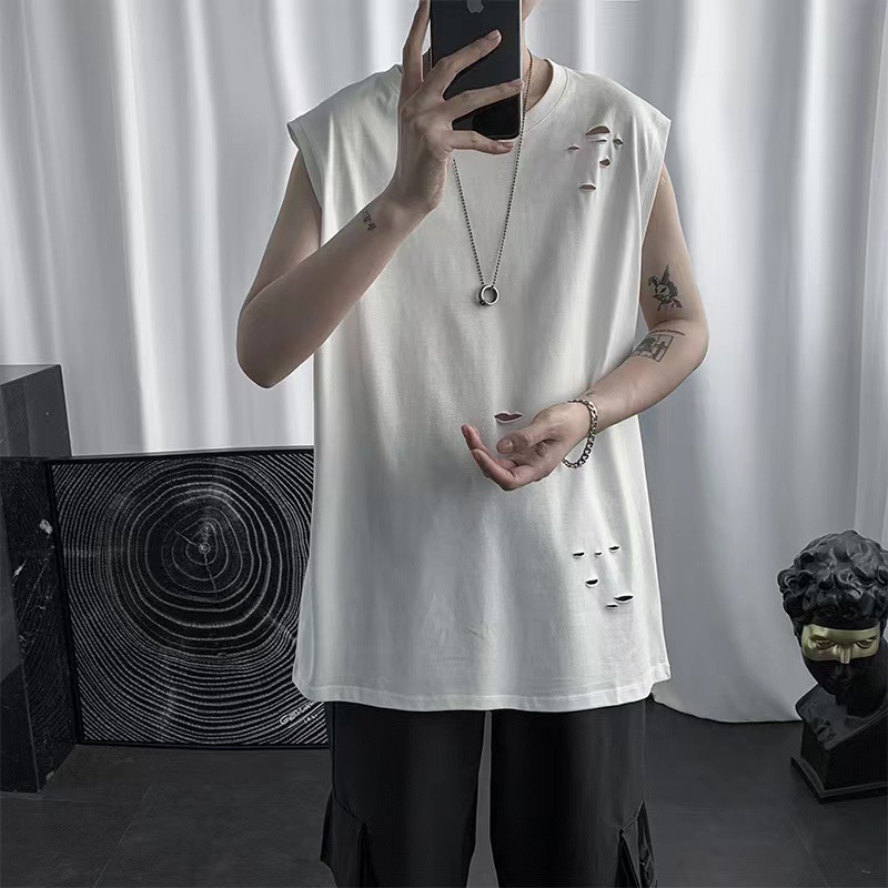 2023 Summer New Style Ripped Vest T-Shirt for Men, Hong Kong Style, Sleeveless, Stylish, Casual, Sporty, Cut-Sleeve Vest