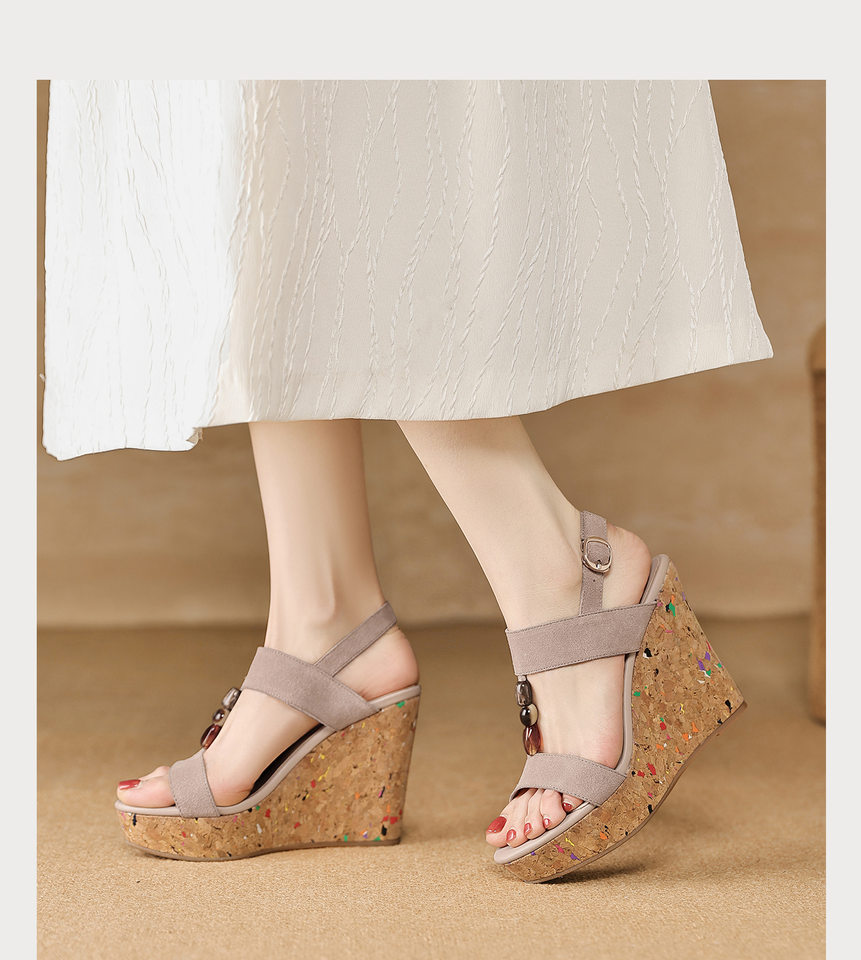 Sandal bohemian đế xuồng cao gót quai ngang hở mũi — màu hồng, màu mơ chi tiết 15