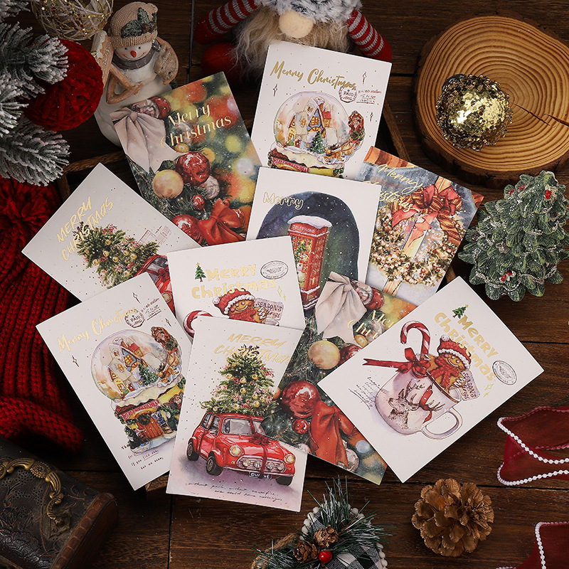 亚马逊圣诞烫金贺卡复古明信片花店烘焙礼物小卡片厂家祝福留言卡