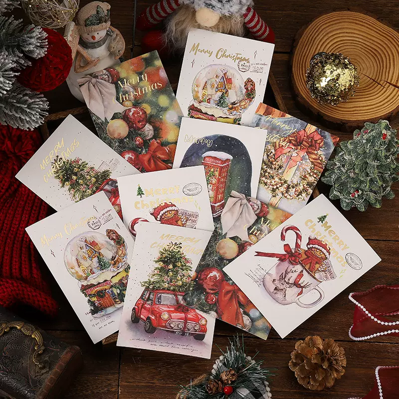 亚马逊圣诞烫金贺卡复古明信片花店烘焙礼物小卡片厂家祝福留言卡