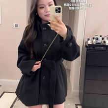 收腰立领胖妹妹冬季外套圣诞过年战袍中长款宽松百搭黑色呢子大衣