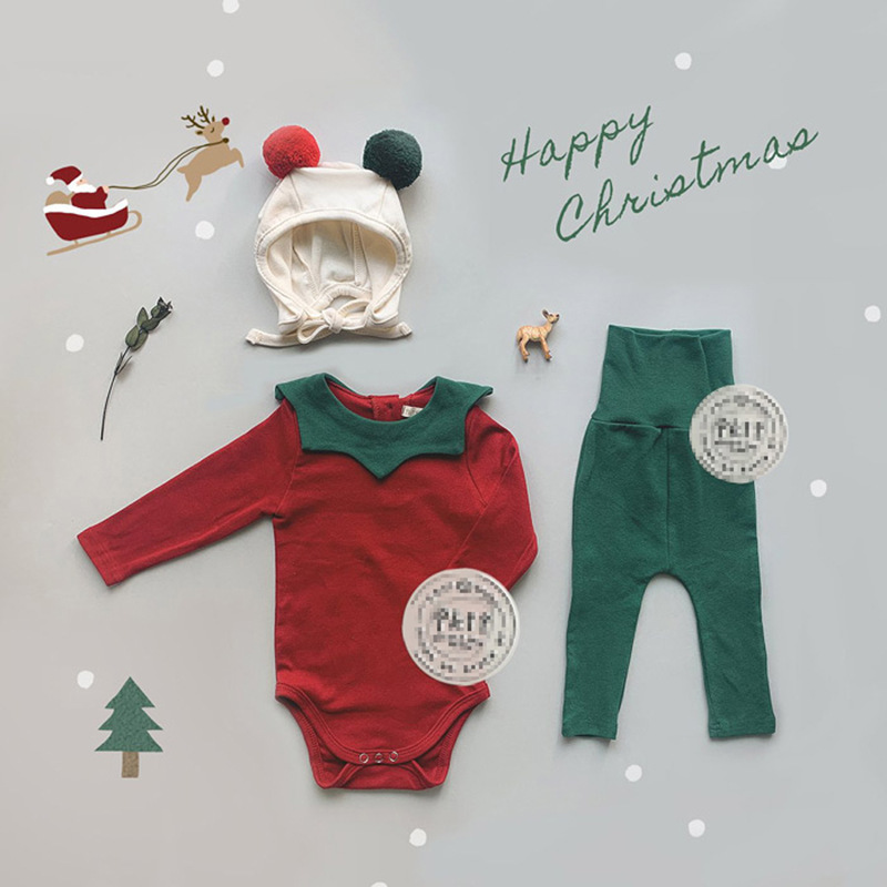Autumn Korean style regular long-sleeved newborn cotton red and green universal baby Christmas style pullover bodysuit in stock