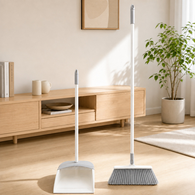 Broom set for home use, foldable, suitable for living room and bathroom, with rotatable dense soft bristles that don't catch hair, and an extended dustpan